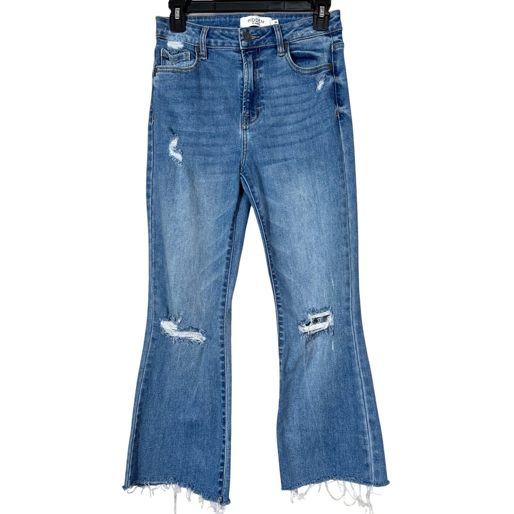 Hidden Jeans Women 26 Blue Medium Wash Ankle Kick Flare Pants Distressed Raw Hem